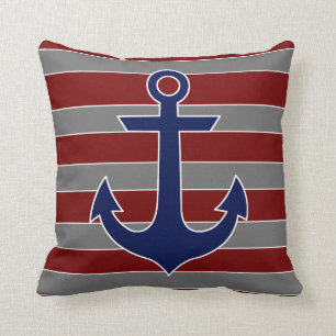 nautical navy anchor with red and grey stripes cushion