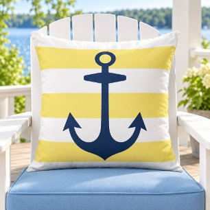 Nautical Navy Anchor Yellow White Stripe Cushion