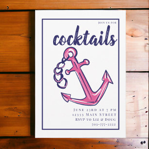 Nautical Navy and Pink Anchor Cocktail Party Invitation