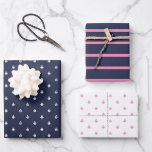 Nautical Navy and Pink Wrapping Paper Sheet