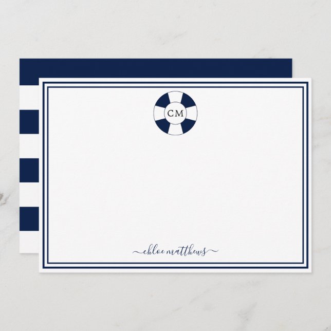 Nautical Navy and White Stripe Monogram Note Card (Front/Back)
