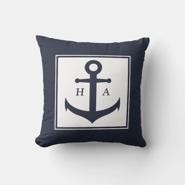 Nautical Navy and White Stripes with Anchor  Cushion (Front)