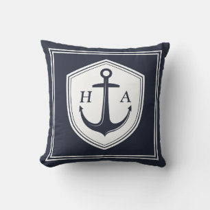 Nautical Navy and White Stripes with Anchor  Cushion