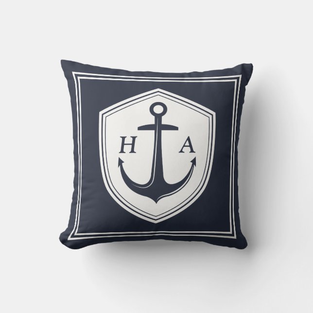 Nautical Navy and White Stripes with Anchor  Cushion (Front)