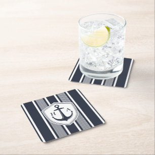Nautical Navy and White Stripes with Anchor Square Paper Coaster