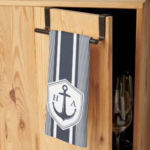 Nautical Navy and White Stripes with Anchor  Tea Towel