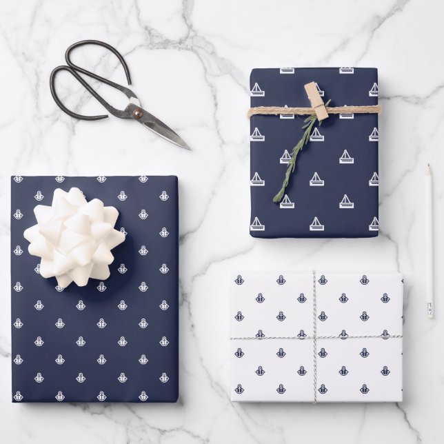 Nautical Navy and White Wrapping Paper Sheet (Front)