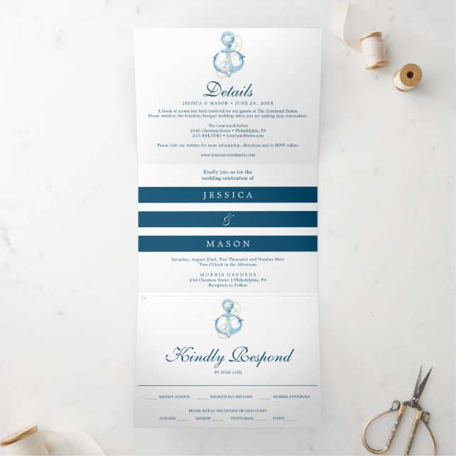 Nautical Navy Beach Wedding Tri-Fold Invitations (Inside)