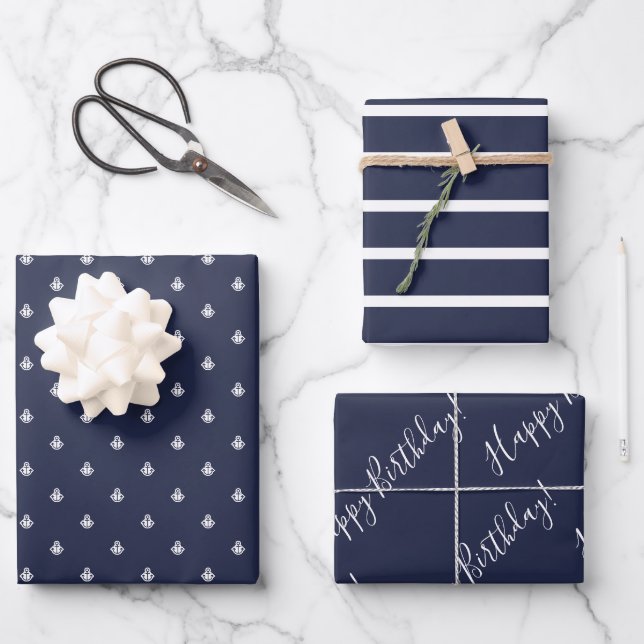 Nautical Navy Birthday Wrapping Paper Sheet (Front)