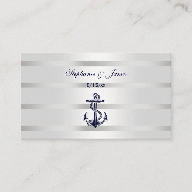 Nautical Navy Blu Anchor Silver Wht Place Cards (Front)