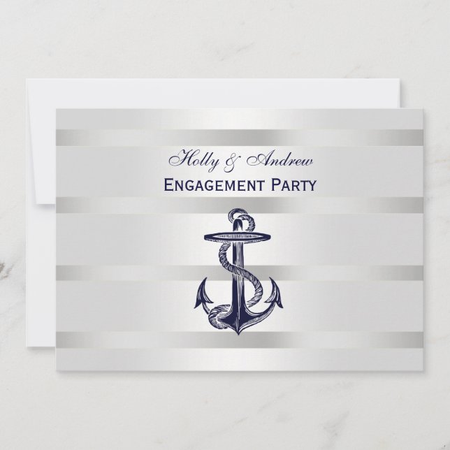 Nautical Navy Blu Anchor Silver Wt BG H Engagement Invitation (Front)