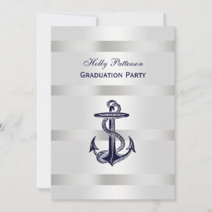 Nautical Navy Blu Anchor Silver Wt BG V Graduation Invitation