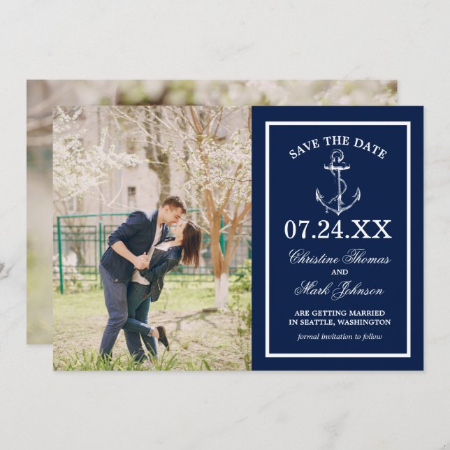 Nautical Navy Blue Anchor 2 Photo Save the Date Invitation (Front/Back)