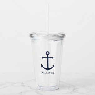 Nautical Navy Blue Anchor and Custom Name Acrylic Tumbler