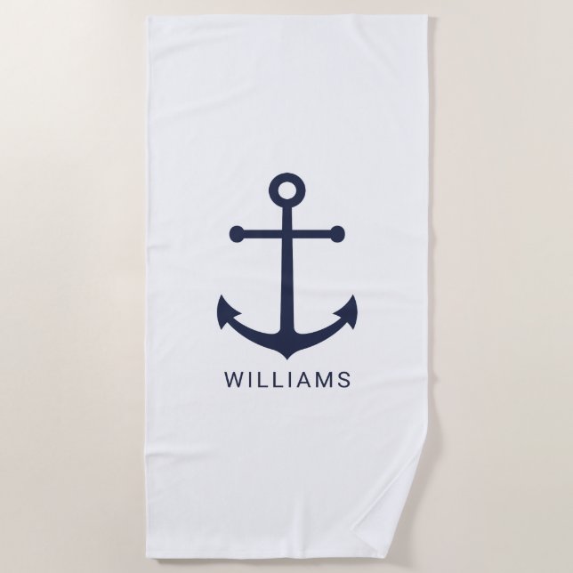 Nautical Navy Blue Anchor and Custom Name Beach Towel (Front)