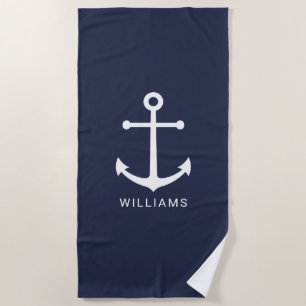 Nautical Navy Blue Anchor and Custom Name Beach Towel