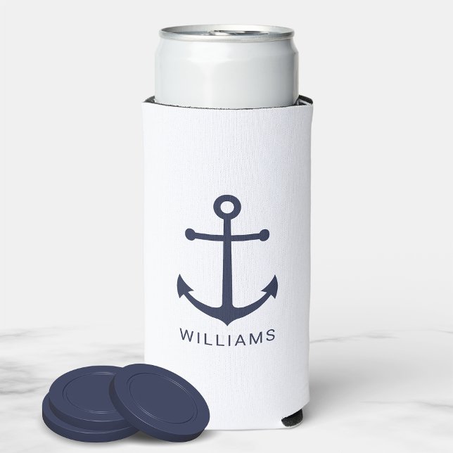 Nautical Navy Blue Anchor and Custom Name Can Cool Seltzer Can Cooler (Creator Uploaded)