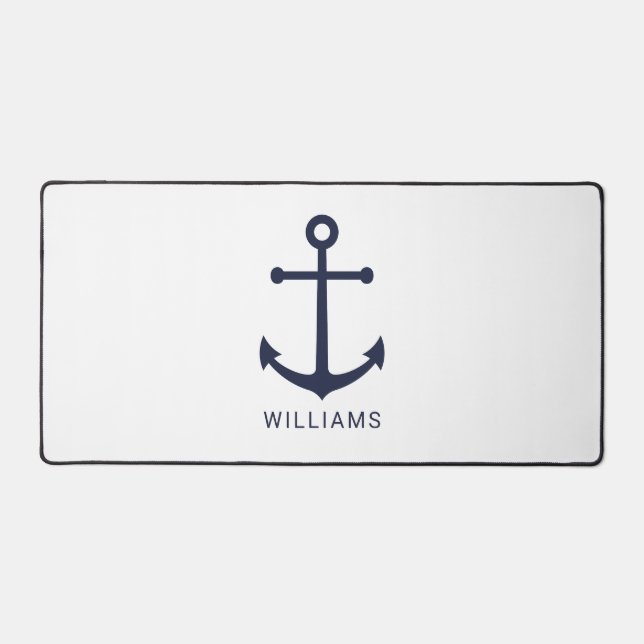 Nautical Navy Blue Anchor and Custom Name Desk Mat (Front)