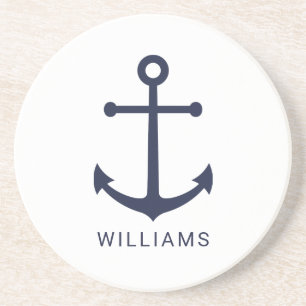 Nautical Navy Blue Anchor and Custom Name on White Coaster