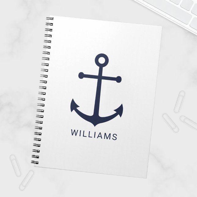 Nautical Navy Blue Anchor and Custom Name on White Notebook (Creator Uploaded)
