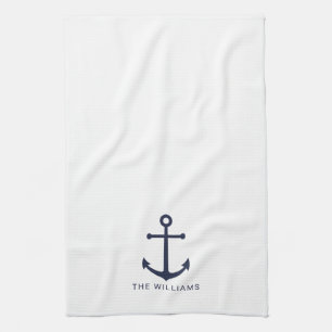 Nautical Navy Blue Anchor and Custom Name Tea Towel