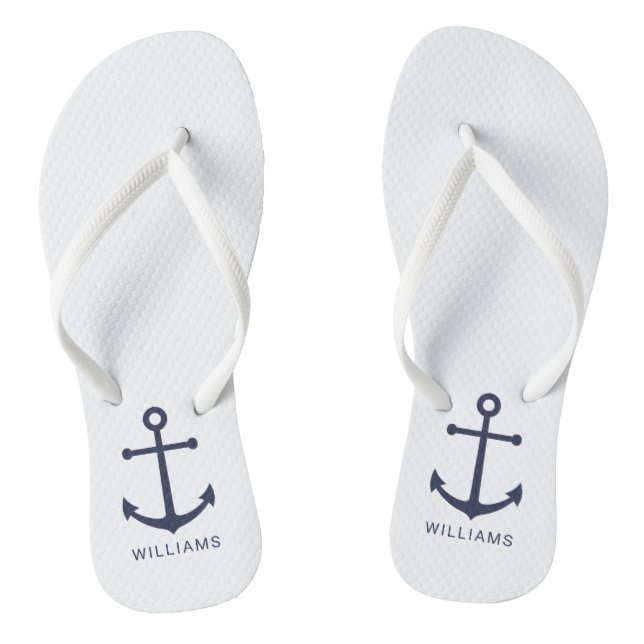 Nautical Navy Blue Anchor and Custom Name Thongs (Footbed)