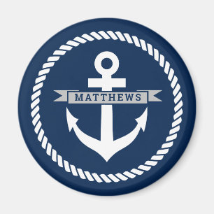 Nautical navy blue anchor and rope custom fridge magnet