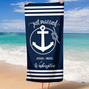 Nautical Navy Blue Anchor and Rope Just Married Beach Towel