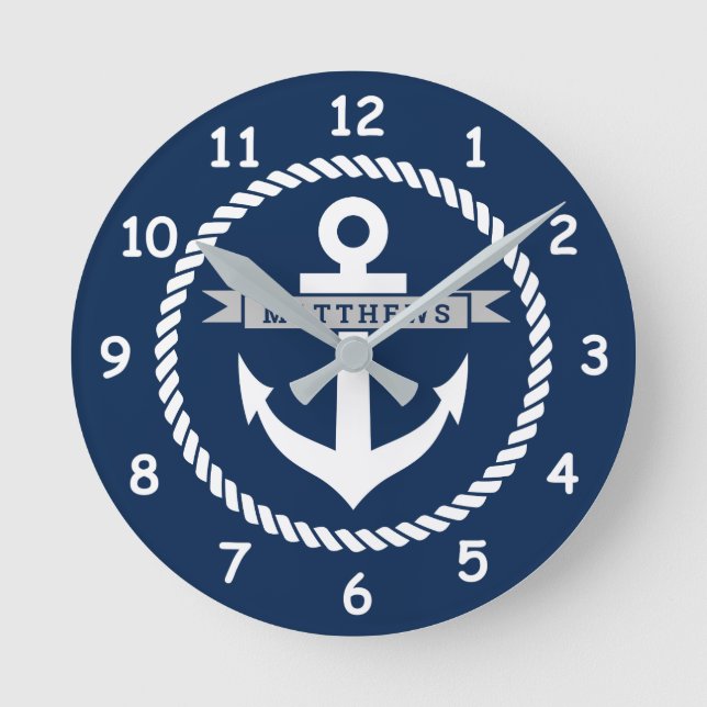 Nautical navy blue anchor and rope personalised round clock (Front)