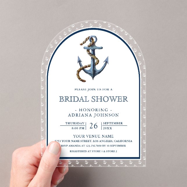 Nautical Navy Blue Anchor Arch Bridal Shower Acrylic Invitations (Insitu (Handheld))