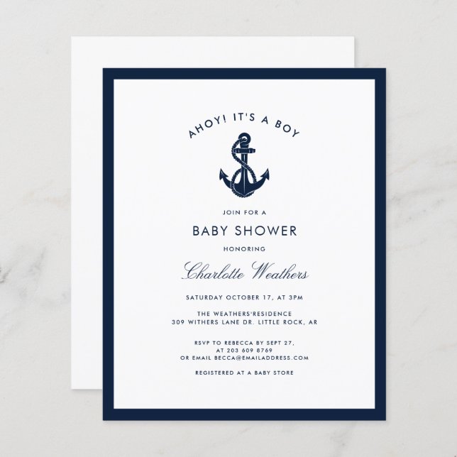 Nautical Navy Blue Anchor Baby Shower Invitation (Front/Back)