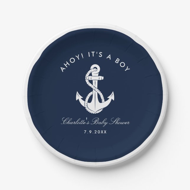 Nautical Navy Blue Anchor Baby Shower Paper Plate (Front)