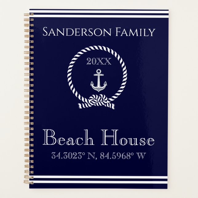 Nautical navy blue anchor beach house coordinates  planner (Front)