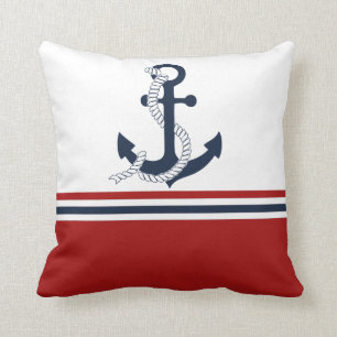 Nautical Navy Blue Anchor Blue White Red Stripes Cushion