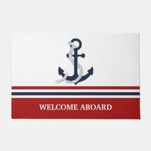 Nautical Navy Blue Anchor Blue White Red Stripes Doormat