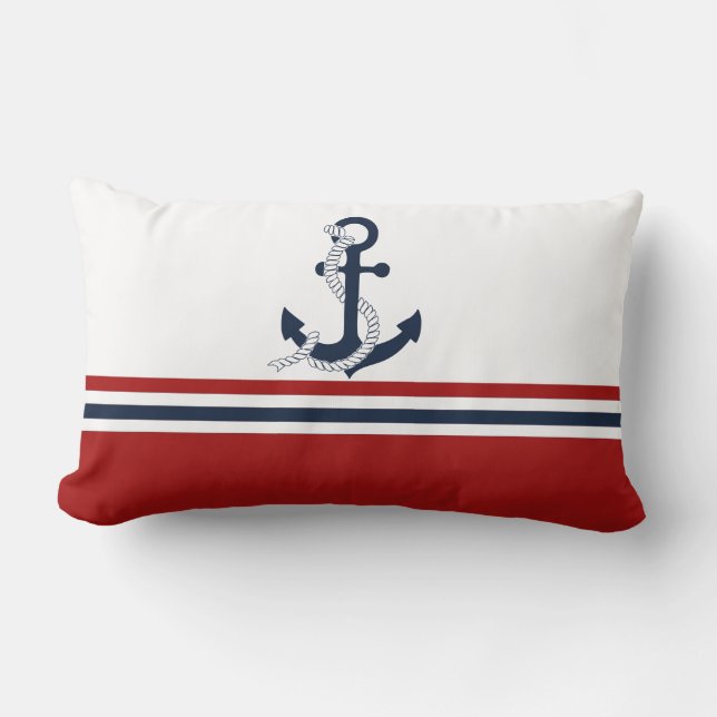 Nautical Navy Blue Anchor Blue White Red Stripes Lumbar Cushion (Front)