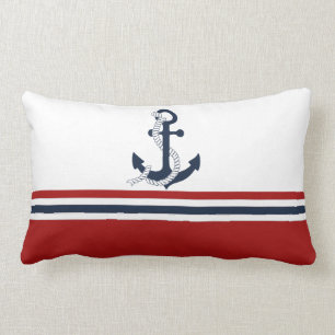 Nautical Navy Blue Anchor Blue White Red Stripes Lumbar Cushion