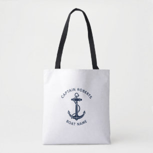 Nautical Navy Blue Anchor Boat Captain Name Custom Tote Bag