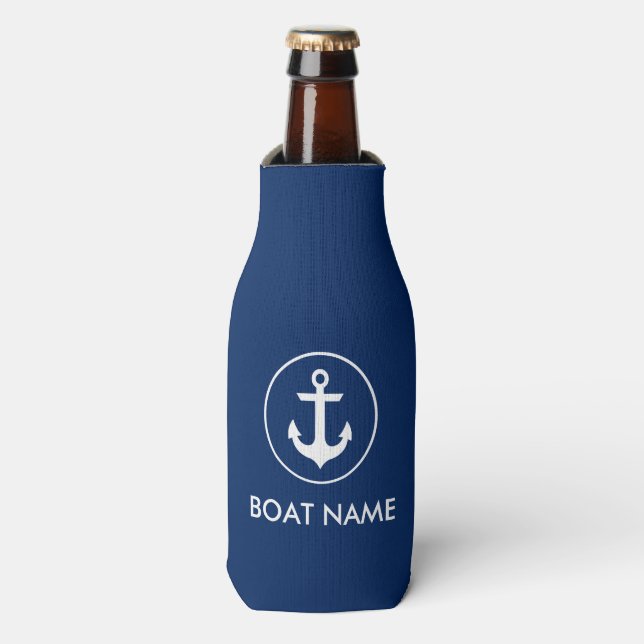 Nautical Navy Blue Anchor Boat Name Bottle Cooler (Bottle Front)
