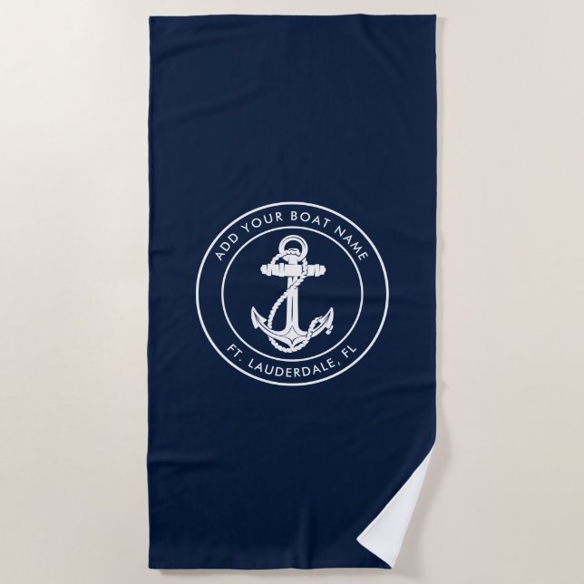 Nautical Navy Blue Anchor Boat Name Custom Beach Towel (Front)
