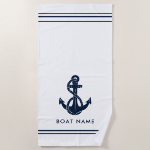 Nautical Navy Blue Anchor Boat Name Custom Beach Towel