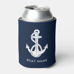 Nautical Navy Blue Anchor Boat Name Custom Can Cooler