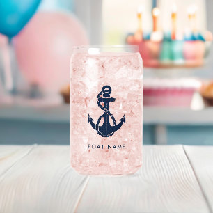 Nautical Navy Blue Anchor Boat Name Custom Can Glass