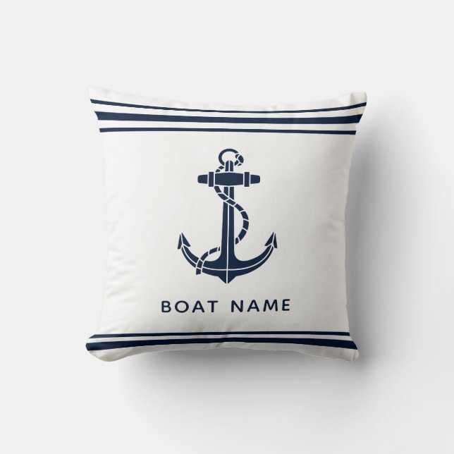 Nautical Navy Blue Anchor Boat Name Custom Cushion (Front)