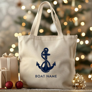 Nautical Navy Blue Anchor Boat Name Custom Large Tote Bag