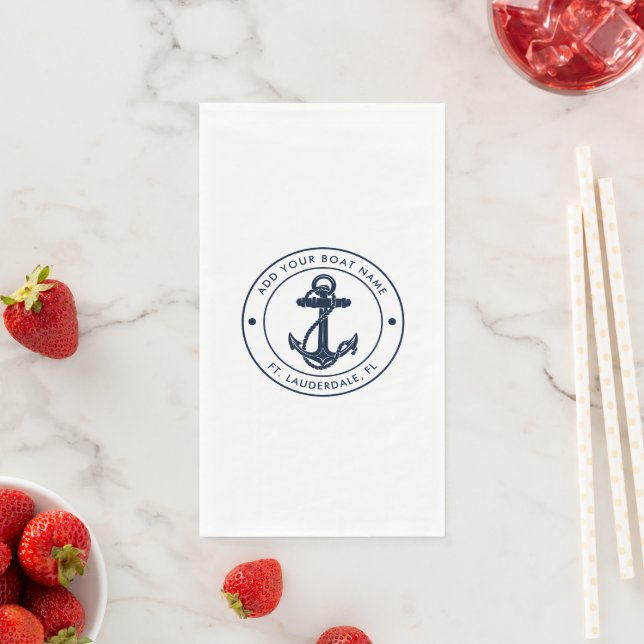 Nautical Navy Blue Anchor Boat Name Custom Napkin (Insitu)