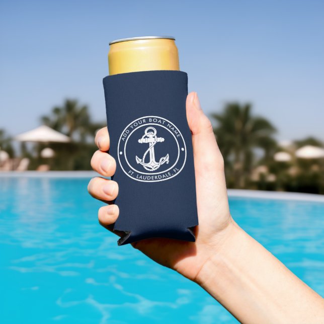 Nautical Navy Blue Anchor Boat Name Custom Seltzer Can Cooler (In Situ Pool)