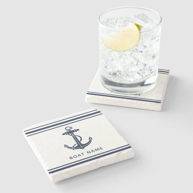 Nautical Navy Blue Anchor Boat Name Custom Stone Coaster (Side)