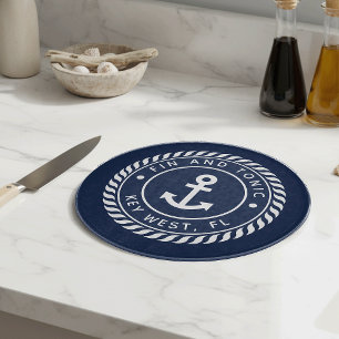 Nautical Navy Blue Anchor Boat Name Cutting Board