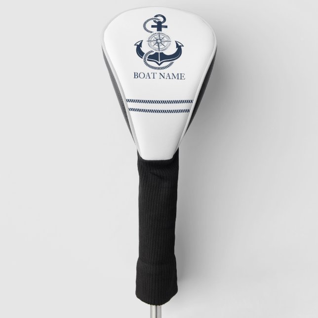 Nautical Navy Blue Anchor Boat Name Golf Head Cover (Front)